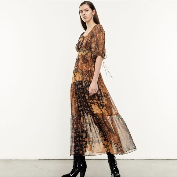 The Kooples BLACK AND ORANGE LONG PRINTED DRESS - Picture 1 of 7